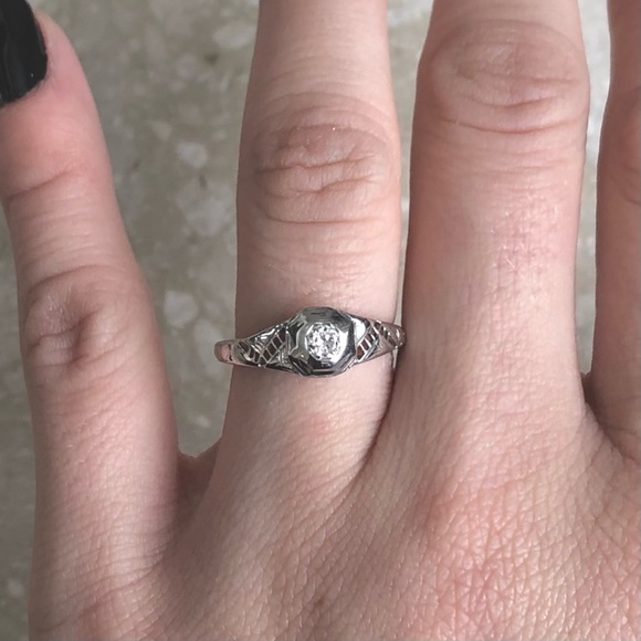 18k White Gold Filigree Diamond Ring Art Deco - Picture 8 of 10